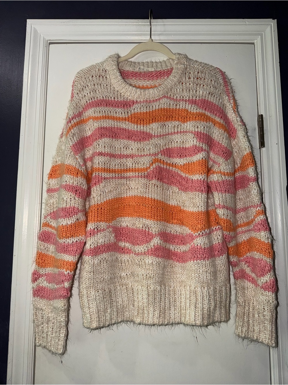 Cream Crewneck Sweater with Pink & Orange Stripes